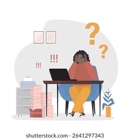 Sad, tired or exhausted woman at office. Stressful work, Stress at workplace. Busy businesswoman, project failure and workaholic. Lady with headache stress symptom and pile documents. flat vector
