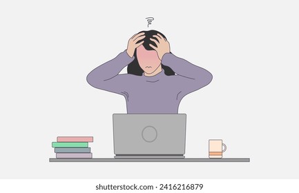 Sad, tired or exhausted woman. Stressful work or study. Vector illustration.