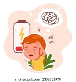 Sad tired girl person with fatigue. Exhausted sick child in stress and low energy battery. Depression, emotional burnout, exhaustion symptom, mental health, tiredness concept. Flat vector illustration