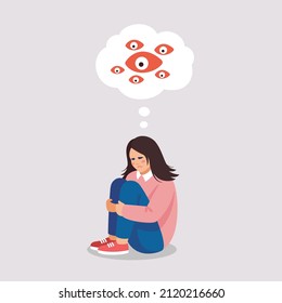 Sad tired girl suffers of depressive disorder, paranoia, stress, tears. Vector illustration of mental problems