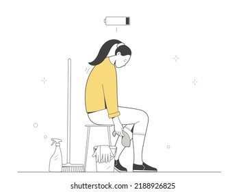 Sad  tired housewife. Woman tired of household chores. Exhausted girl with a mop is sitting on a stool, she is without strength and energy. Outline illustration	