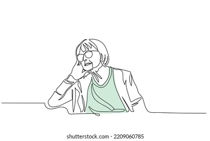 Sad tired ill sick lonely disappointed old elderly senior woman grandmother sitting on the sofa couch, feeling nostalgy, pain, missing grandchildren, bankruptcy,fraud.Mental health day line art vector