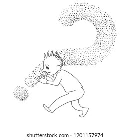 Sad tired man goes and carries big question mark on his shoulders. Vector sketch outline image.