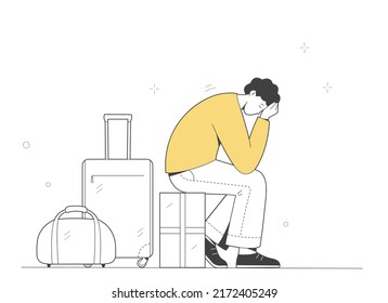 Sad And Tired Man Sits With Suitcase. Sad Young Man Is Sitting On His Luggage Waiting For A Train, Plane Or Steamer. Outline Illustration