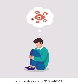 Sad tired man suffers of depressive disorder, paranoia, stress, tears. Vector illustration of mental problems