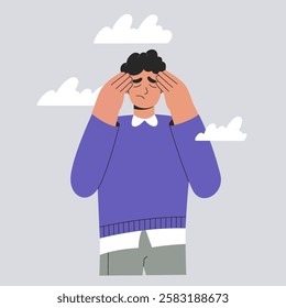 Sad, tired man under clouds, anxious person has headache in bad mood covers his face with hands. Psychological disorder, mental health problem concept. Burnout and depression, flat vector illustration