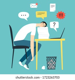 Sad and tired man working alone. Procrastination and time management vector illustration for your design.