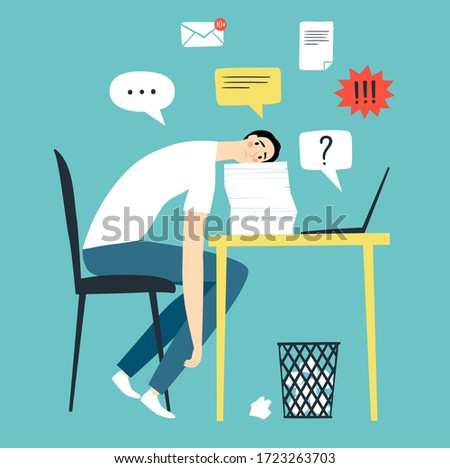 Sad and tired man working alone. Procrastination and time management vector illustration for your design.