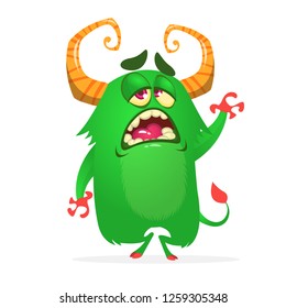 Sad and tired monster character waving hand. Halloween illustration