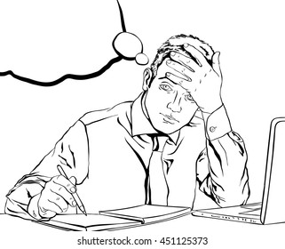sad tired office employee sitting at his desk with bubbles in the background in the style of pop art coloring book