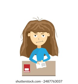 Sad and Tired Schoolgirl Doing Homework. Learning and going to school concept vector