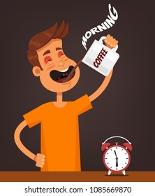 Sad tired sleepy red eyes office worker man character holding mug coffee and drinking. Hard early morning concept elements. Vector flat cartoon isolated design graphic illustration