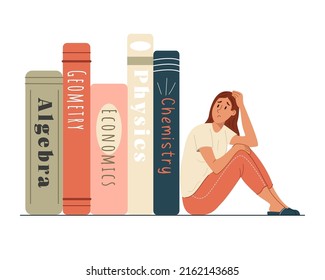 Sad tired student girl looks at pile of study books with fear. Panic before test exam at school, college, university. Flat vector illustration isolated on white background