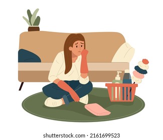 Sad tired woman after housework siiting on floor. Fatigue exhausted housewife don't want to clean house. Flat cartoon vector illustration isolated on white background