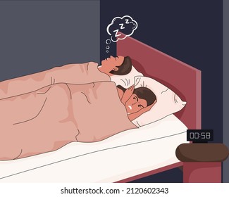 La mujer cansada y triste no puede dormir porque su marido ronca. La joven se cubre los oídos con las manos y la almohada de un sonido molesto. El concepto de buceo nocturno. Vista lateral de ilustración de vector plano