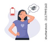 A sad tired woman with chaos in her head. Emotional burnout, neurosis, stress, overwork, fatigue, anxiety, exhaustion. The concept of mental health preservation. Vector illustration
