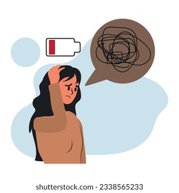 A sad tired woman with chaos in her head. Emotional burnout, neurosis, stress, overwork, fatigue, anxiety, exhaustion. The concept of mental health preservation. Vector illustration