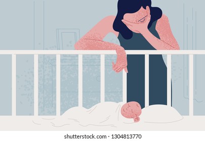 Sad Tired Woman Leaning Over Newborn Baby Sleeping In Crib And Covering Face With Hand. Concept Of Postpartum Or Postnatal Depression, Mood Disorder Following Childbirth. Flat Vector Illustration.