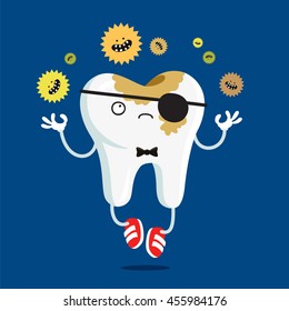 Sad tooth affected by caries. Vector illustration on a blue background. Concept of children's dentistry. Excellent dental card. Cute character. Caries prevention.