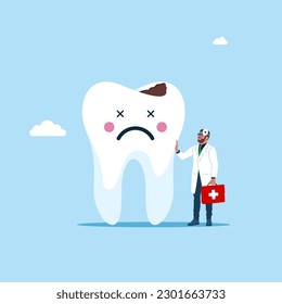 Sad tooth with broken enamel. Dental care, healthy mouth hygiene, dental problem. Modern vector illustration in flat style