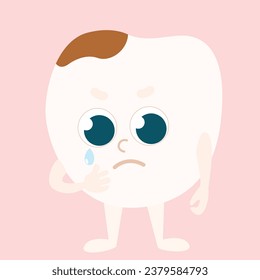 A sad tooth with caries on top. Character design in cartoon style. Care and health of children's teeth.