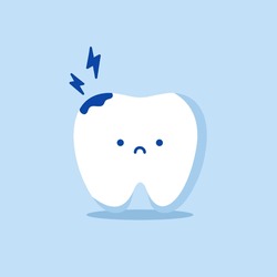 Sad Tooth With Caries. Toothache. Cute Tooth Character. Dental Personage Vector Illustration. Dental Concept For Your Design. Illustration For Children Dentistry. Oral Hygiene, Teeth Cleaning. Sticker