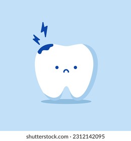 Sad tooth with caries. Toothache. Cute tooth character. Dental personage vector illustration. Dental concept for your design. Illustration for children dentistry. Oral hygiene, teeth cleaning. Sticker