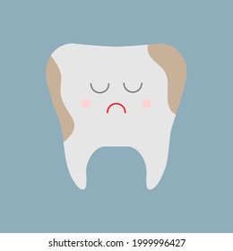 Carácter diente triste con caries. Idea de atención dental. Ilustración vectorial aislada