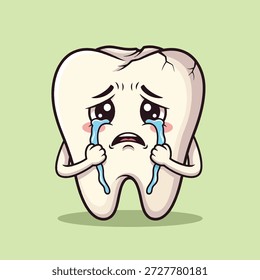 A sad tooth character crying with tears streaming down its face, representing dental pain or problems.