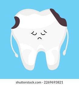 Sad tooth with decay on light blue background