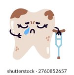 Sad tooth with decay, vector illustration. Cute character with a cavity, a crutch. Oral disease, dental treatment. A molar is sick and crying. Hand drawn clipart. Project for kids clinics, medicine