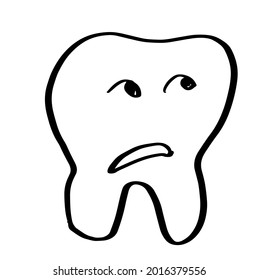 Sad tooth, dentistry. Doodle.  vector illustration for print, t-shirt. Grunge effect easy to remove. Brush your teeth