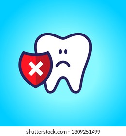 sad tooth, dentistry, oral hygiene. red shield with a cross mark. vector illustration