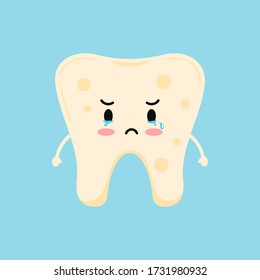 Sad tooth emoji with yellow plaque icon isolated on blue background. Flat design cartoon kawaii style cute character vector illustration. Children teeth hygiene concept.