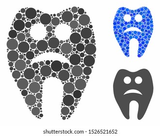 Sad tooth mosaic for sad tooth icon of circle elements in variable sizes and color tints. Vector circle elements are grouped into blue mosaic. Dotted sad tooth icon in usual and blue versions.