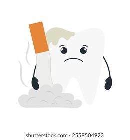 Sad tooth stands in a pile of cigarette ash hugging a cigarette. Concept about the negative impact of nicotine on dental health. Vector illustration is ideal for social posters, banners, stickers