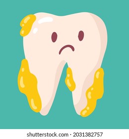 Sad Tooth Suffering From Dirt And Decay. Sick Milk Tooth With Hands And Face Drawn. Child's Drawing. Vector Isolated Hand-drawn Illustration