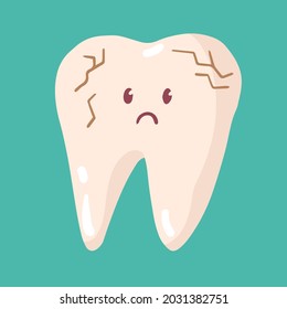 A Sad Tooth Suffers From Brittleness And Fragility. Sick Milk Tooth With Hands And Face Drawn. Child's Drawing. Vector Isolated Hand-drawn Illustration