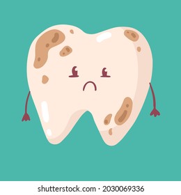 A Sad Tooth Suffers From Decay. Sick Milk Tooth With Hands And Face Drawn. Child's Drawing. Vector Isolated Hand-drawn Illustration