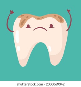 A Sad Tooth Suffers From Decay. Sick Milk Tooth With Hands And Face Drawn. Child's Drawing. Vector Isolated Hand-drawn Illustration