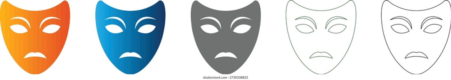 Icono plano de la máscara de la tragedia triste, gráfico aislado del Vector. Parte de un conjunto de iconos, que transmite drama y emoción, también disponible en una versión negra sólida.