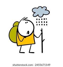 Sad traveler with a stick and a backpack looks at a cloud and rain.  Vector illustration of a failed hike, bad weather. Stickman is unhappy with traveling in nature. Isolated on white background.