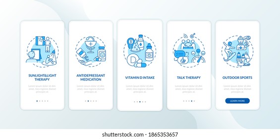 SAD treatment onboarding mobile app page screen with concepts. Bright light, conversation therapy walkthrough 5 steps graphic instructions. UI vector template with RGB color illustrations