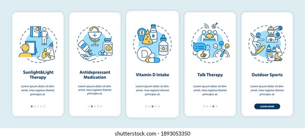 SAD treatment onboarding mobile app page screen with concepts. Sunlight and light therapy, vitamin D intake walkthrough 5 steps graphic instructions. UI vector template with RGB color illustrations