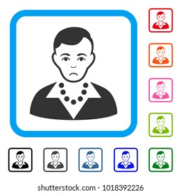 Sad Trendy Guy vector pictogram. Person face has problem expression. Black, gray, green, blue, red, orange color versions of trendy guy symbol in a rounded frame.