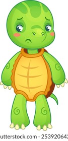 Sad turtle stands alone, looking upset and disappointed on a white background