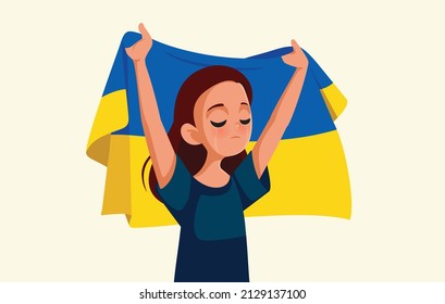 
Sad Ukrainian Girl Holding The Flag Vector Illustration. Woman Grieving Feeling Desperate And Anxious About Military Conflict
