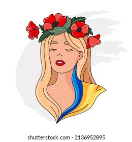 Sad Ukrainian girl with a wreath of red flowers on her head. Beautiful woman with the flag of Ukraine.  No war. Pray to Ukraine. Vector flat illustration