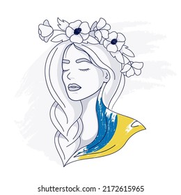 Sad Ukrainian girl with a wreath of red flowers on her head. Beautiful woman with the flag of Ukraine. No war. Pray to Ukraine. Vector flat illustration in black and white style