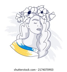 Sad Ukrainian girl with a wreath of red flowers on her head. Beautiful woman with the flag of Ukraine. No war. Pray to Ukraine. Vector flat illustration in black and white style